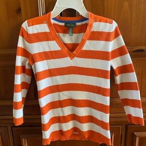 Lauren Ralph Lauren Orange and White Striped Ribbed V‑Neck Sweater Top